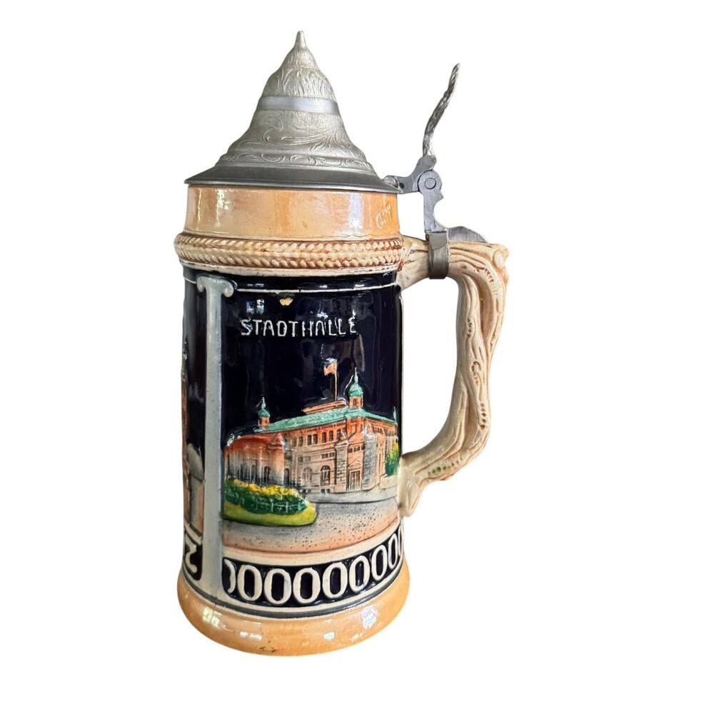 Germany Tourist Souvenir Beer Stein Lid Stadthalle Neue Brucke Dom Mainz 8"